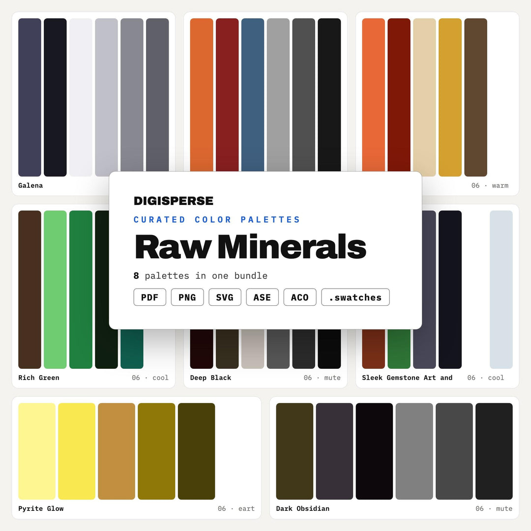 Earthy Mineral Color Scheme Kit, 8 Raw Stone Palettes for Geology Art, Crystal Shop Branding and Organic Spa Design