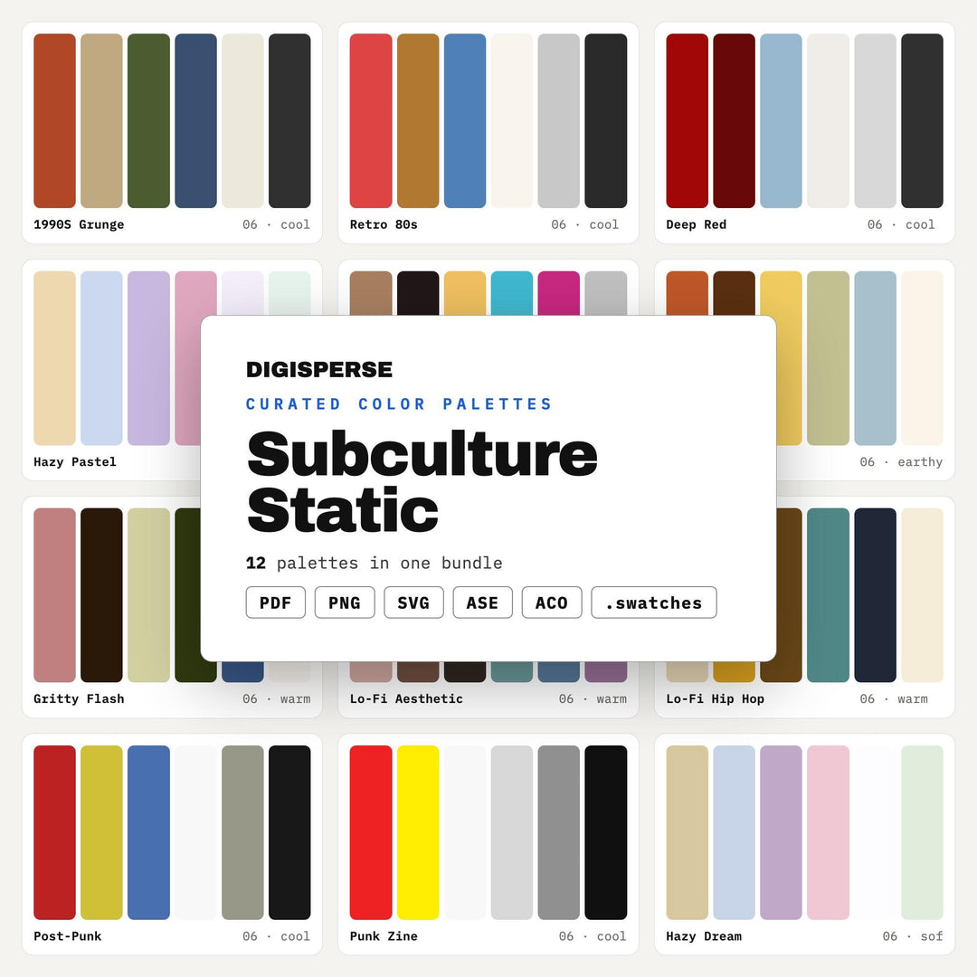 Alt Aesthetic Color Mega Bundle, 12 Subculture Palettes for Zine Layouts, Band Merch Design and Edgy Streetwear Graphics