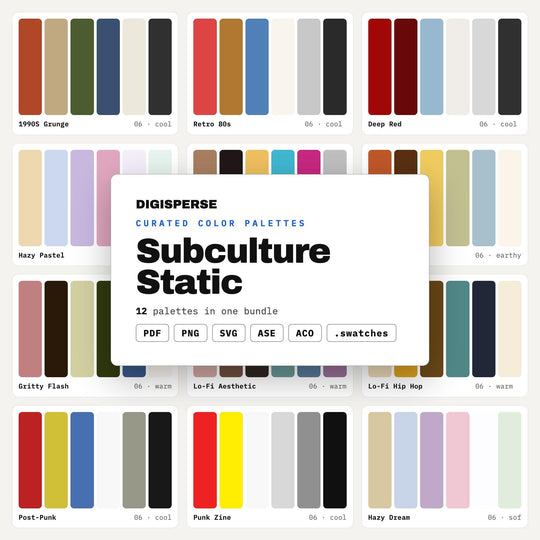 Alt Aesthetic Color Mega Bundle, 12 Subculture Palettes for Zine Layouts, Band Merch Design and Edgy Streetwear Graphics