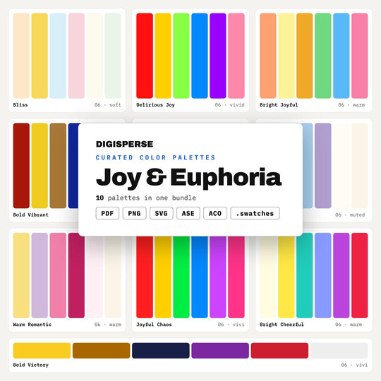 Happy Color Palette Collection, 10 Joy and Euphoria Schemes for Uplifting Branding, Kids Products and Feel Good Stationery