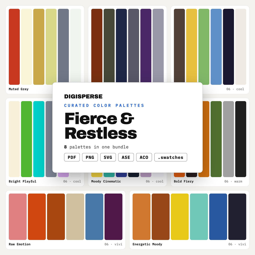 Bold Energy Color Scheme Pack, 8 Fierce and Restless Palettes for Athletic Branding, Motivational Posters and Power Graphics