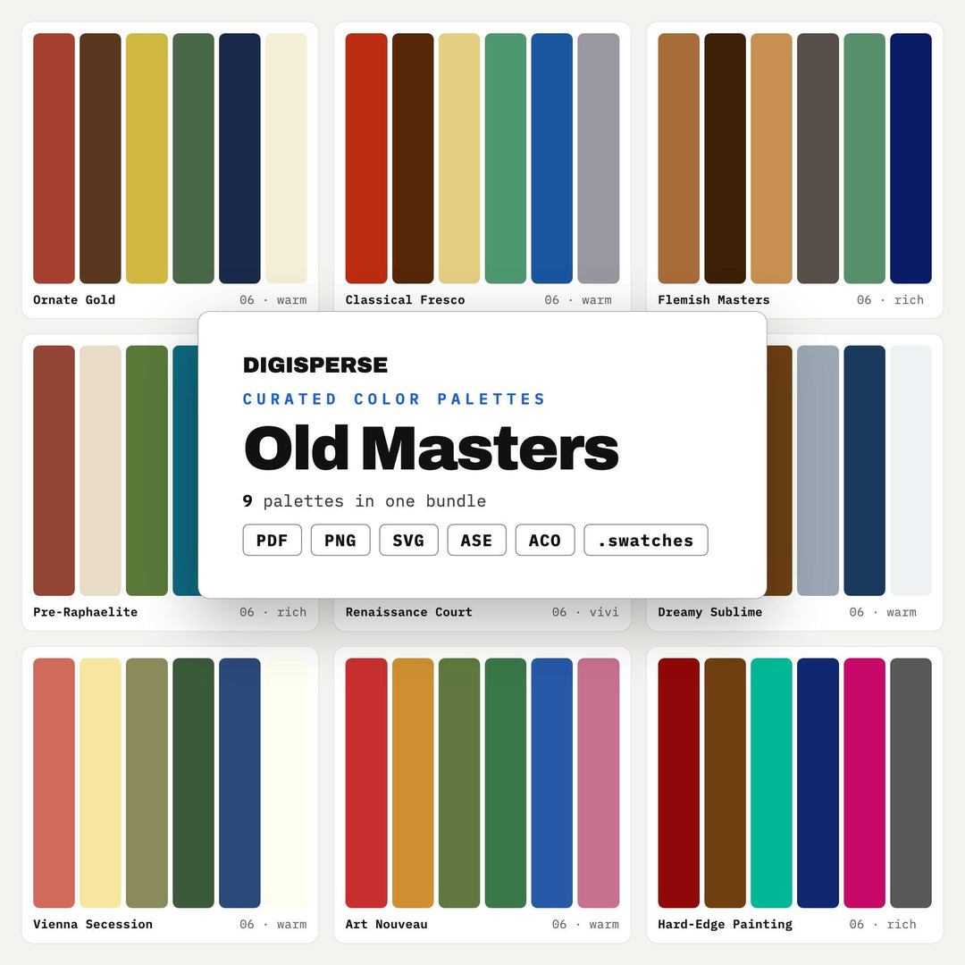 Renaissance Color Palette Kit, 9 Old Master Schemes for Fine Art Studies, Classical Decor and Gallery Exhibition Design