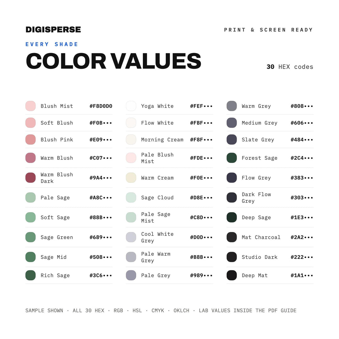 Yoga Morning Flow Color Palette | 30 Colors | Hex RGB CMYK | Procreate Swatches + ASE | Digital Download