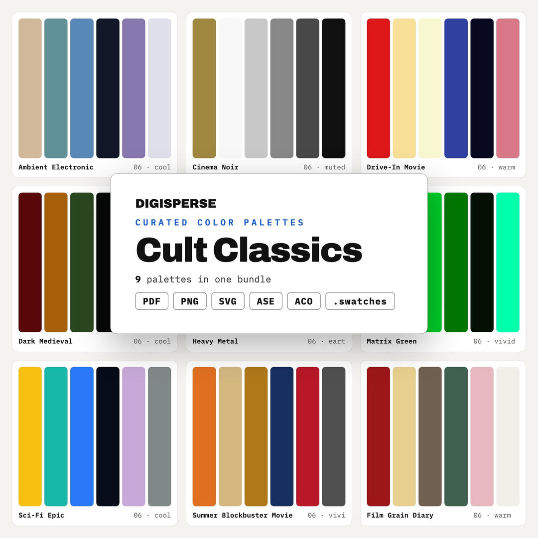Retro Film Color Palette Pack, 9 Cult Classic Schemes for Movie Night Posters, Video Store Art and B Movie Fan Merch Design