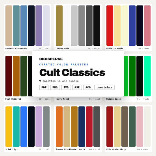 Retro Film Color Palette Pack, 9 Cult Classic Schemes for Movie Night Posters, Video Store Art and B Movie Fan Merch Design