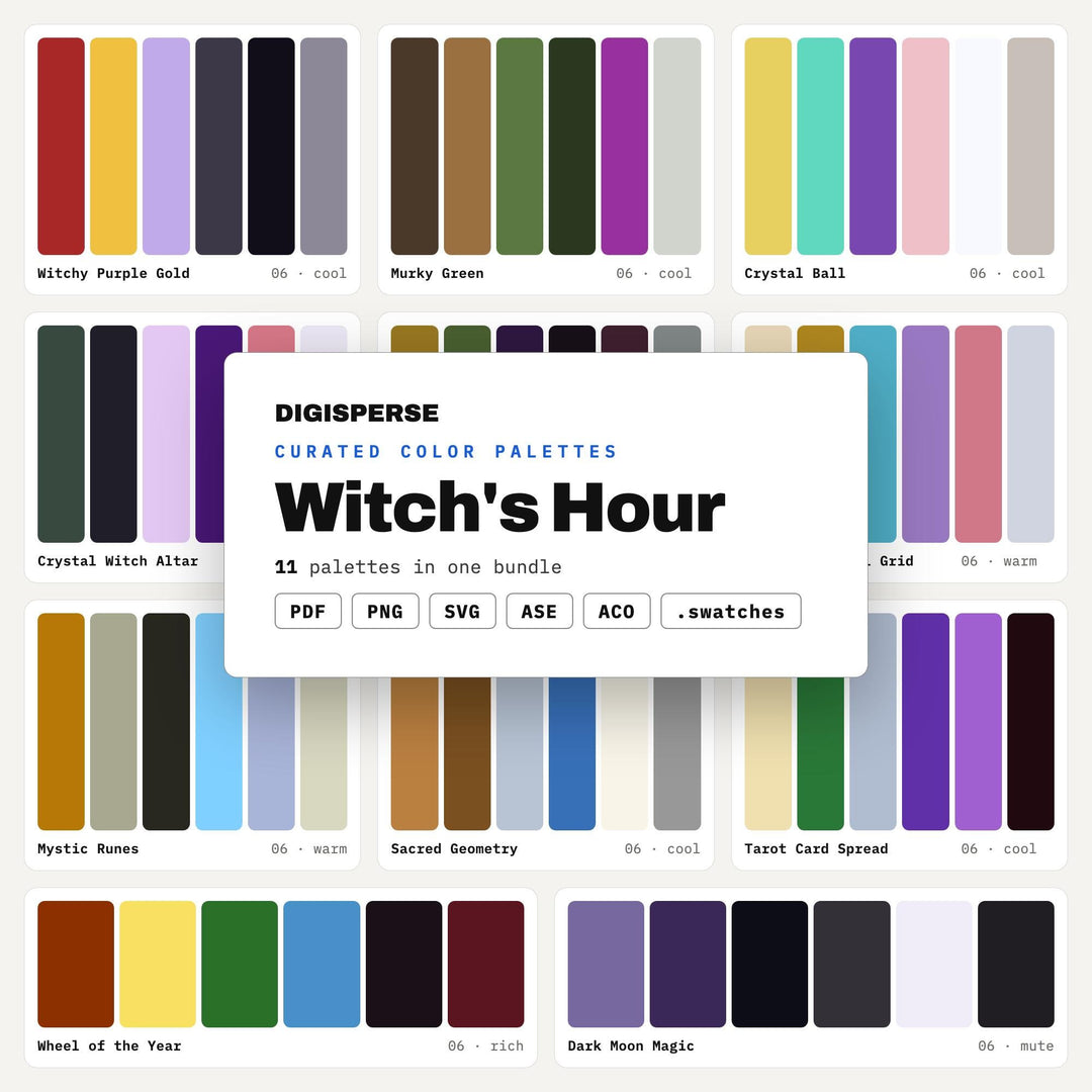 Witchy Color Palette Bundle, 11 Midnight Hour Schemes for Tarot Deck Design, Mystic Branding and Dark Academia Room Decor