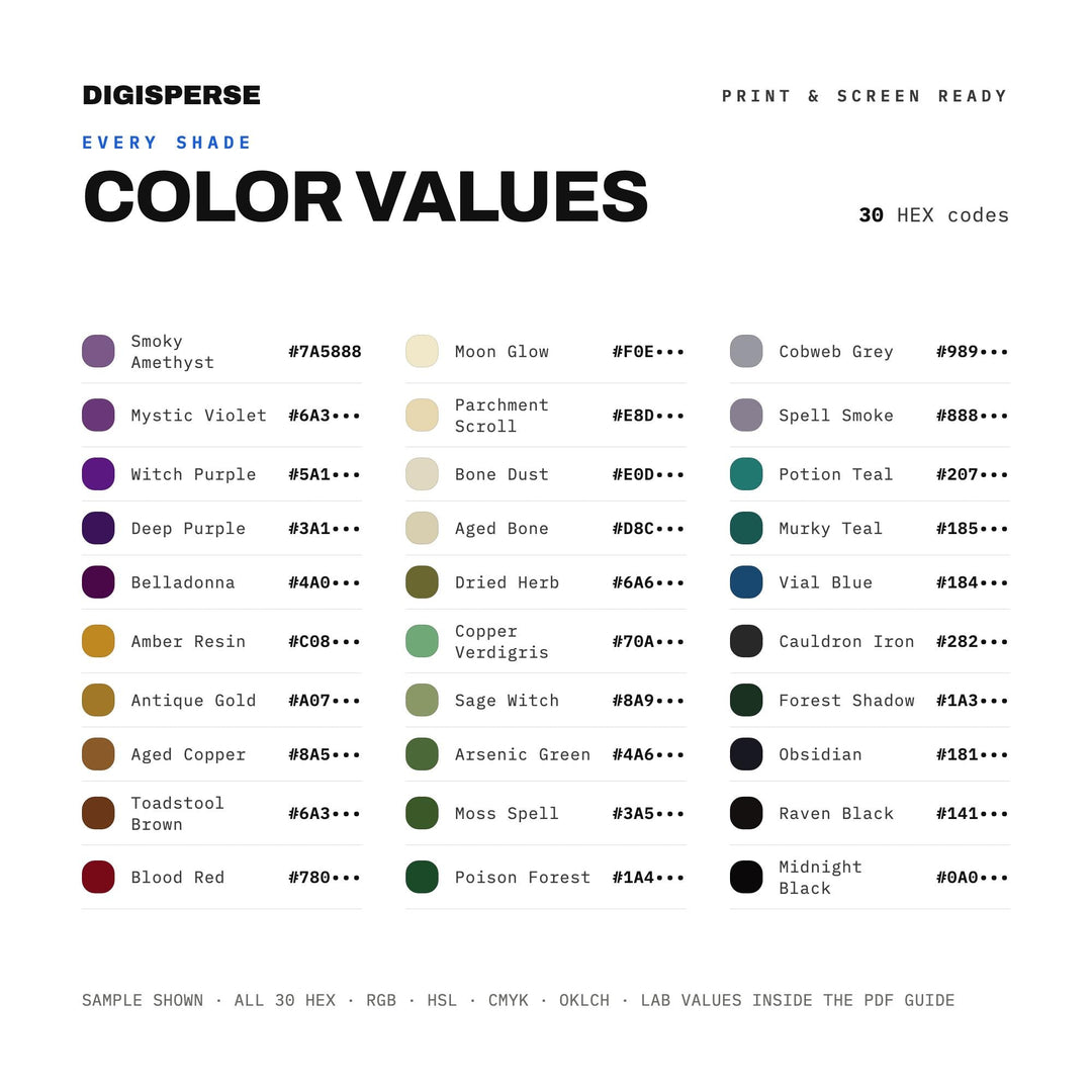 Witch's Apothecary Color Palette | 30 Colors | Hex RGB CMYK | Procreate Swatches + ASE | Digital Download