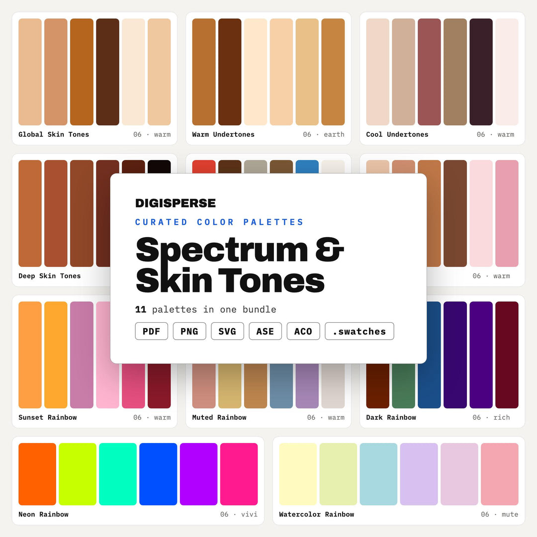 Portrait Color Swatches Collection, 11 Diverse Skin Tone & Rainbow Spectrum Palettes for Digital Painting and Illustration