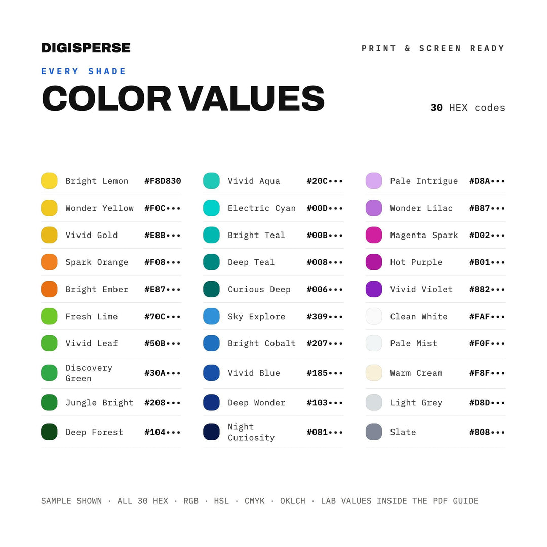 Bright Playful Color Palette for Whimsical Kids Art and Inquisitive Branding, 30 Curious Wonder Hues, Procreate Swatches, Hex Codes