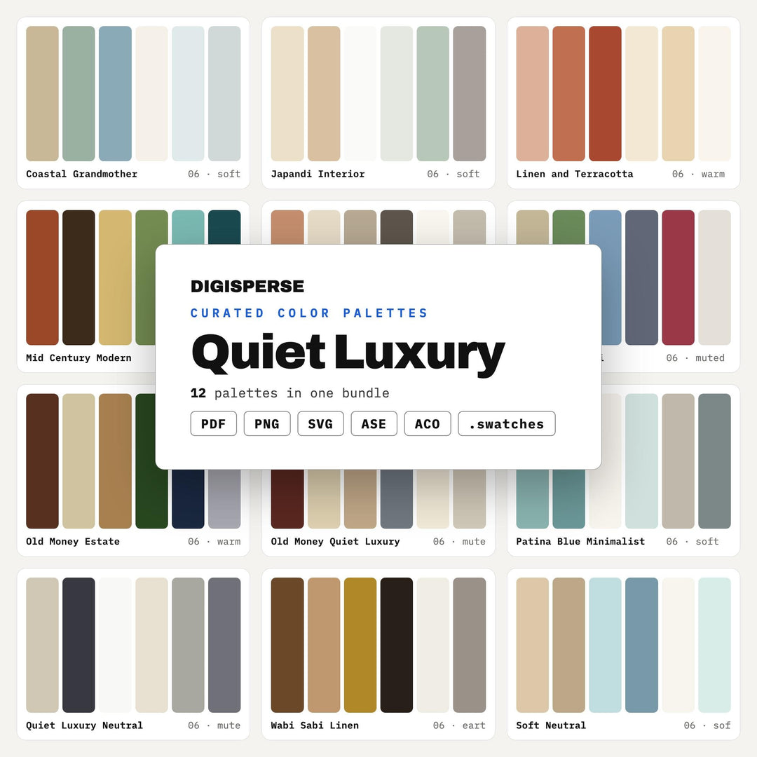 Neutral Color Scheme Bundle, 12 Quiet Luxury Palettes for Elegant Branding, Interior Moodboards & Minimalist Wedding Design, 360 Colors