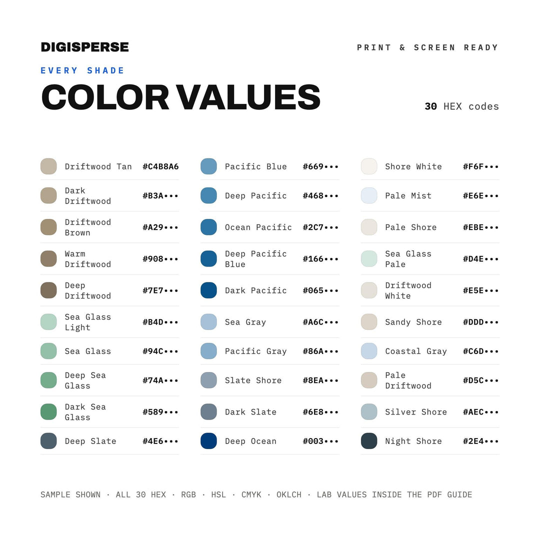 Pacific Shoreline Color Palette | 30 Colors | Hex RGB CMYK | Color Guide | Procreate Swatches + ASE | Digital Download