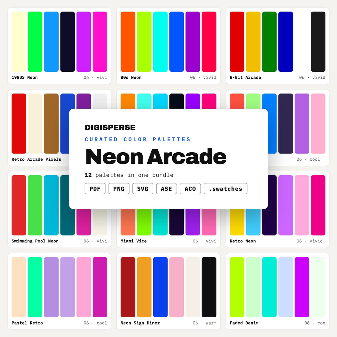 Neon Color Codes Bundle, 12 Retro Arcade & Synthwave Palettes for Gamer Branding, Y2K Party Graphics and Bold Poster Design, 360 Colors