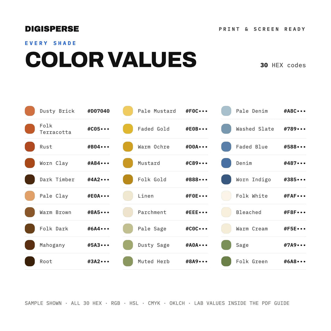 Indie Folk Color Palette | 30 Warm Earthy Tones (Procreate, ASE, PDF)