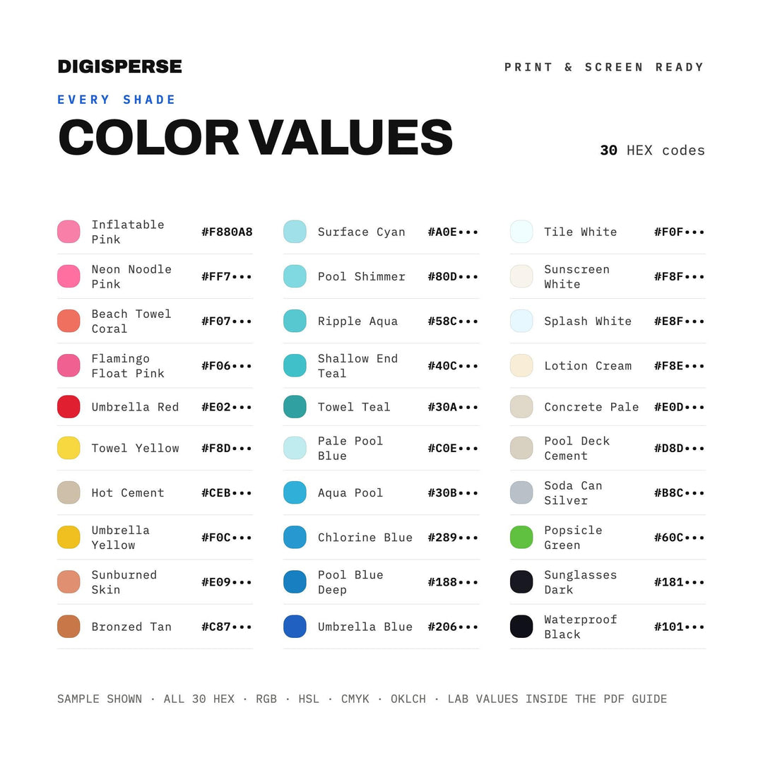Poolside Afternoon Color Palette | 30 Colors | Hex RGB CMYK | Procreate Swatches + ASE | Digital Download