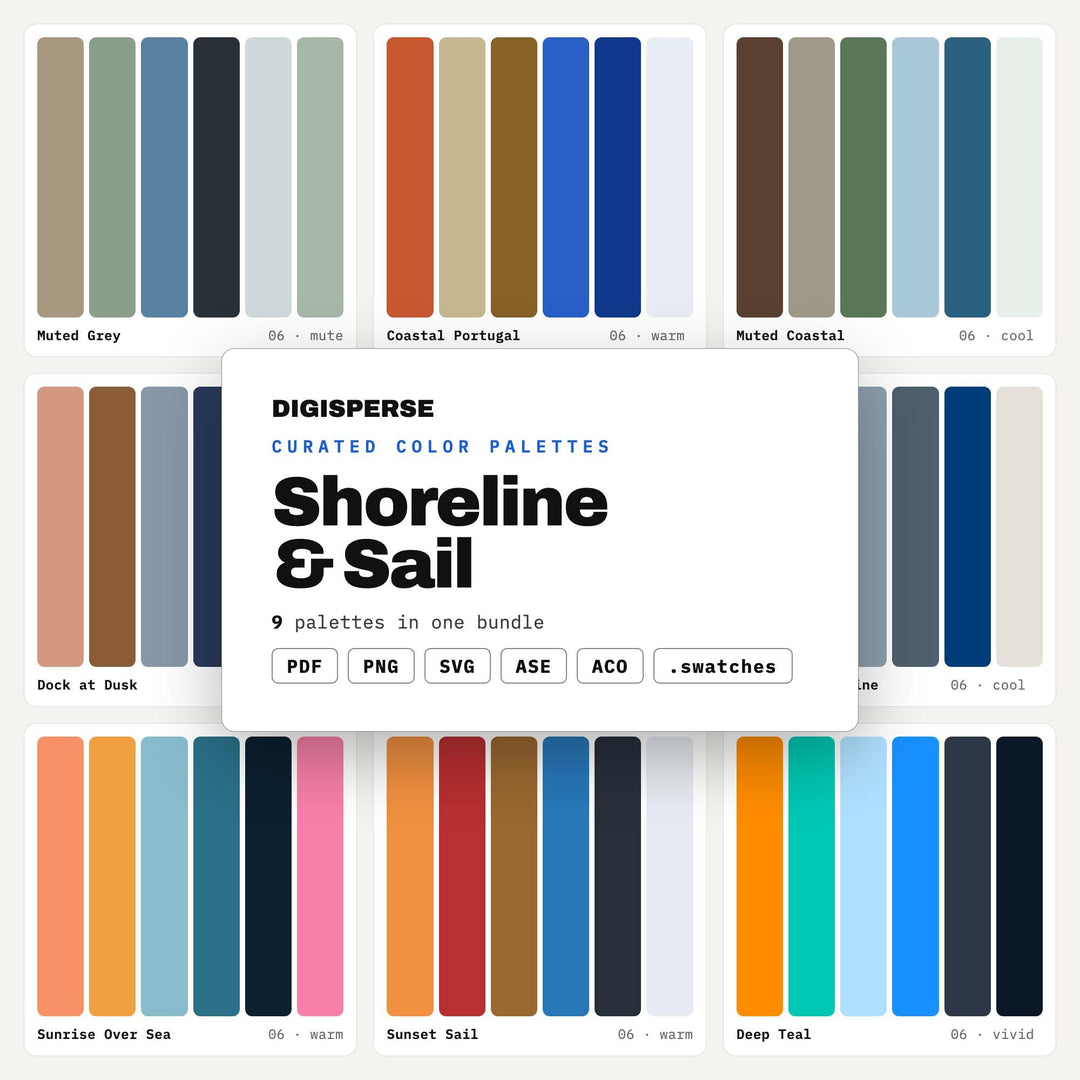 Nautical Color Palette Set, 9 Shoreline and Sail Schemes for Sailing Club Branding, Lake House Decor and Marina Event Flyers