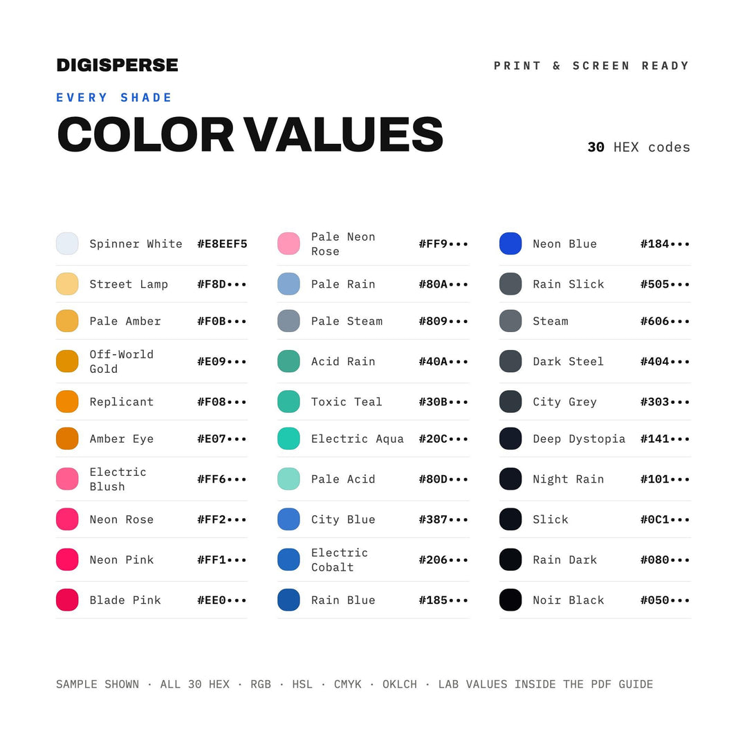 Blade Runner Color Palette | 30 Colors | Hex RGB CMYK | Color Guide | Procreate Swatches + ASE | Digital Download