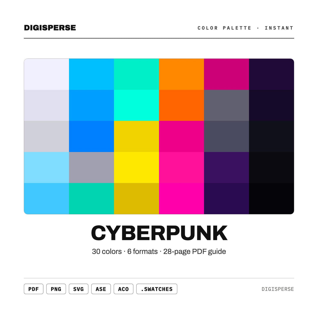 Cyberpunk Color Palette | 30 Colors | Hex RGB CMYK | Color Guide | Procreate Swatches + ASE | Digital Download