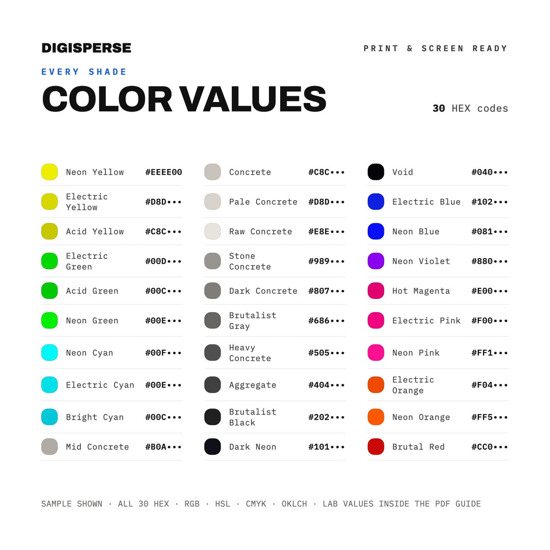 Neon Brutalism Color Palette | 30 Colors | Hex RGB CMYK | Color Guide | Procreate Swatches + ASE | Digital Download
