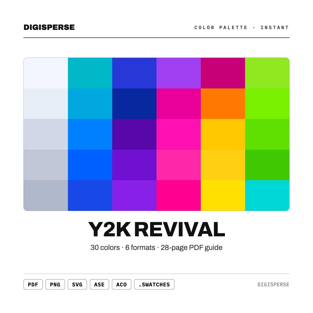 Y2K Revival Color Palette | 30 Colors | Hex RGB CMYK | Procreate Swatches + ASE | Digital Download