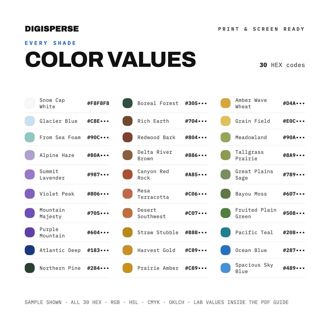 America the Beautiful Landscape Color Palette | 30 Colors | Hex RGB CMYK | Procreate Swatches + ASE | Digital Download