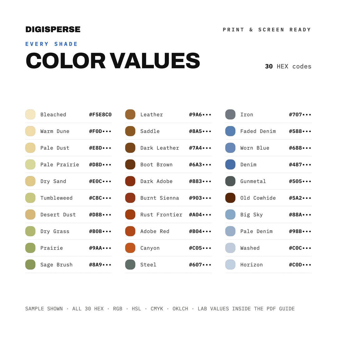 Western Frontier Color Palette | 30 Colors | Hex RGB CMYK | Color Guide | Procreate Swatches + ASE | Digital Download