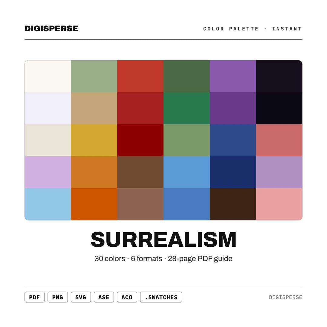 Dreamlike Color Palette for Surreal Fantasy Art and Whimsical Branding, 30 Surrealist Melting Hues, Procreate Swatches, Hex Codes