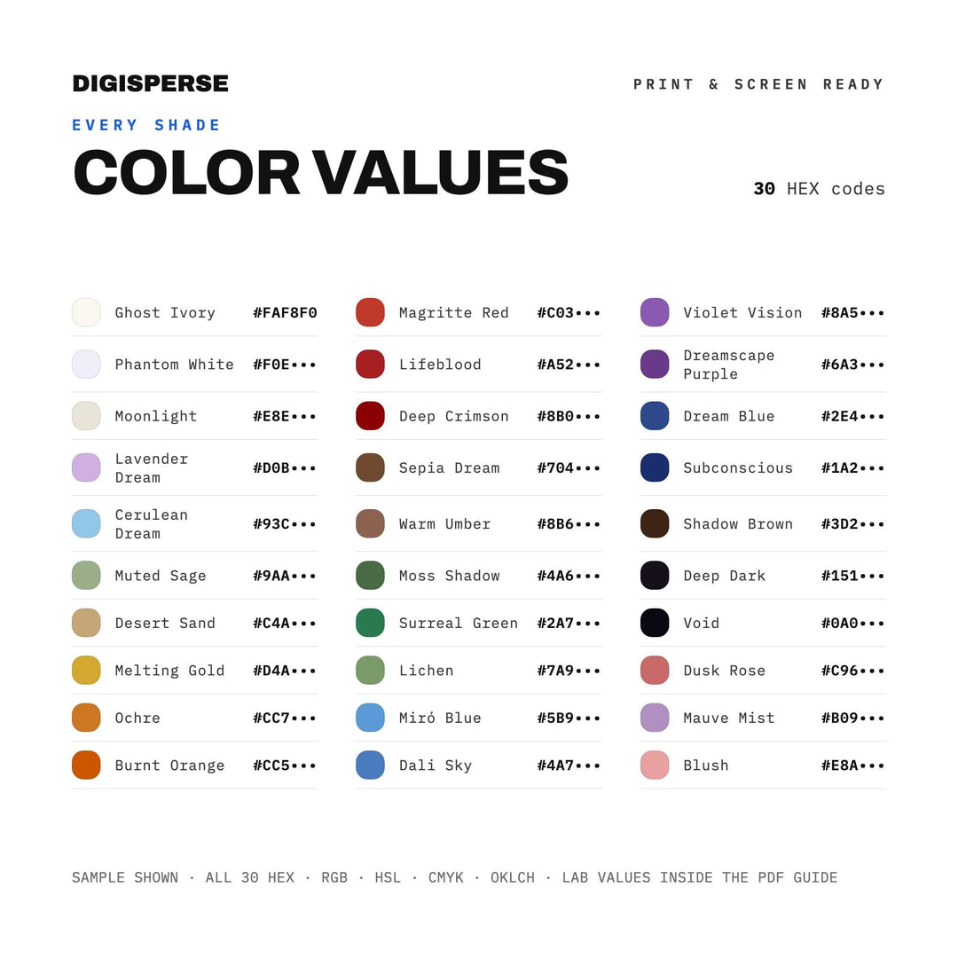 Dreamlike Color Palette for Surreal Fantasy Art and Whimsical Branding, 30 Surrealist Melting Hues, Procreate Swatches, Hex Codes
