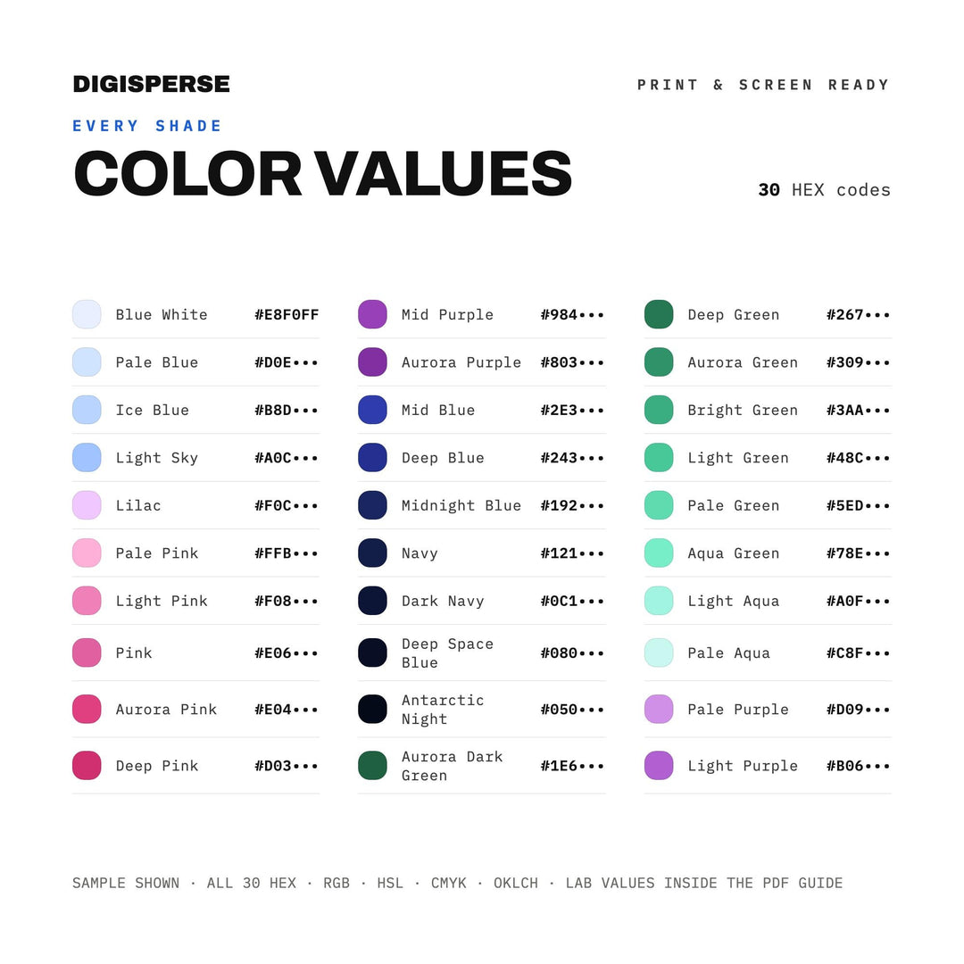 Aurora Australis Color Palette | 30 Procreate Swatches, ASE Guide (Digital Download)