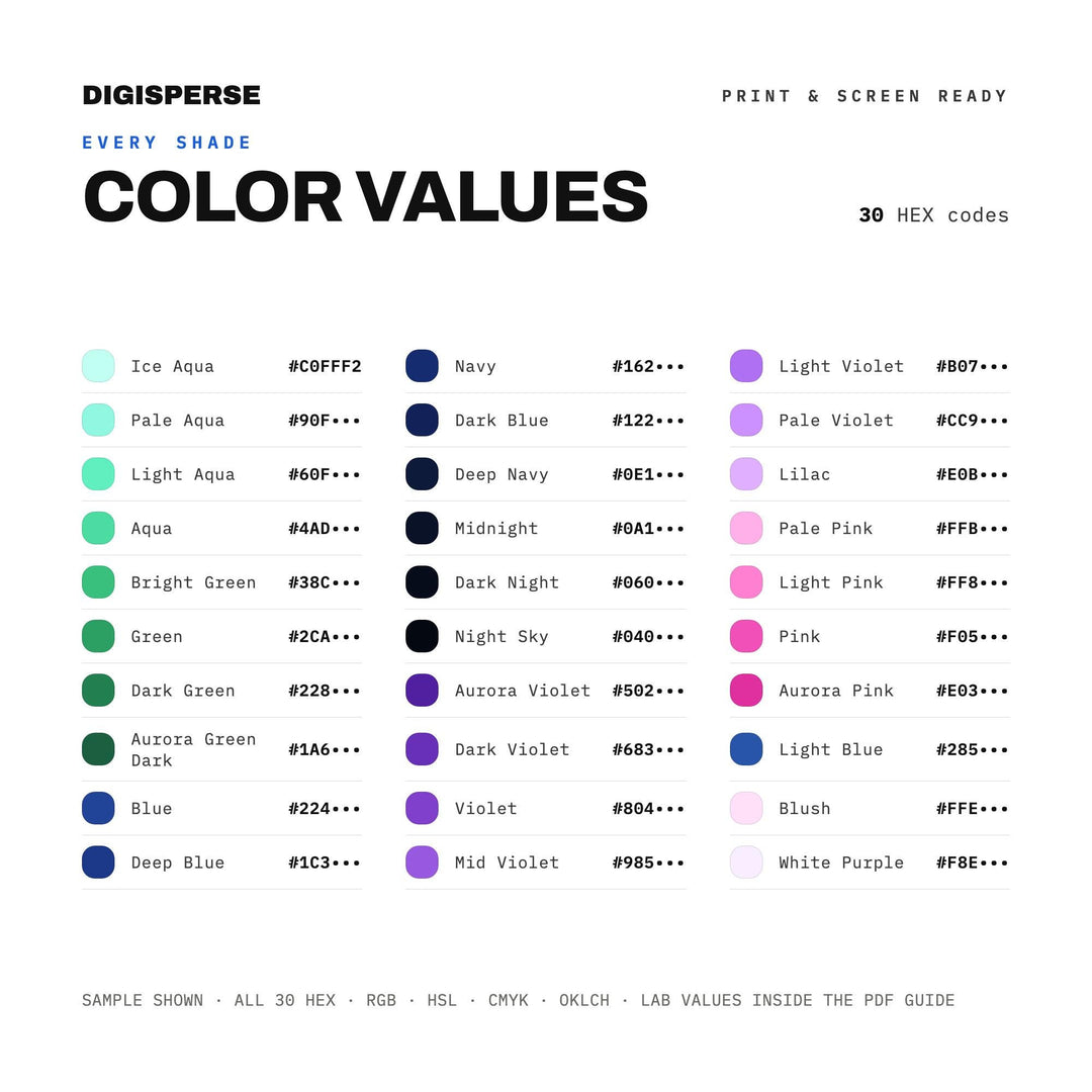 Aurora Borealis Color Palette | 30 Procreate Swatches, HEX, RGB, CMYK (Digital Download)