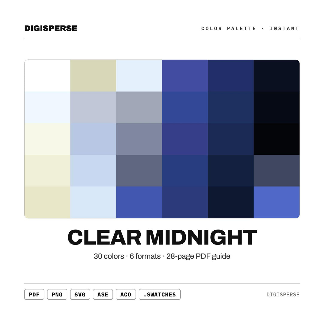Deep Navy Color Palette for Starry Night Art and Elegant Branding, 30 Clear Midnight Blue Hues, Procreate Swatches, Hex Codes