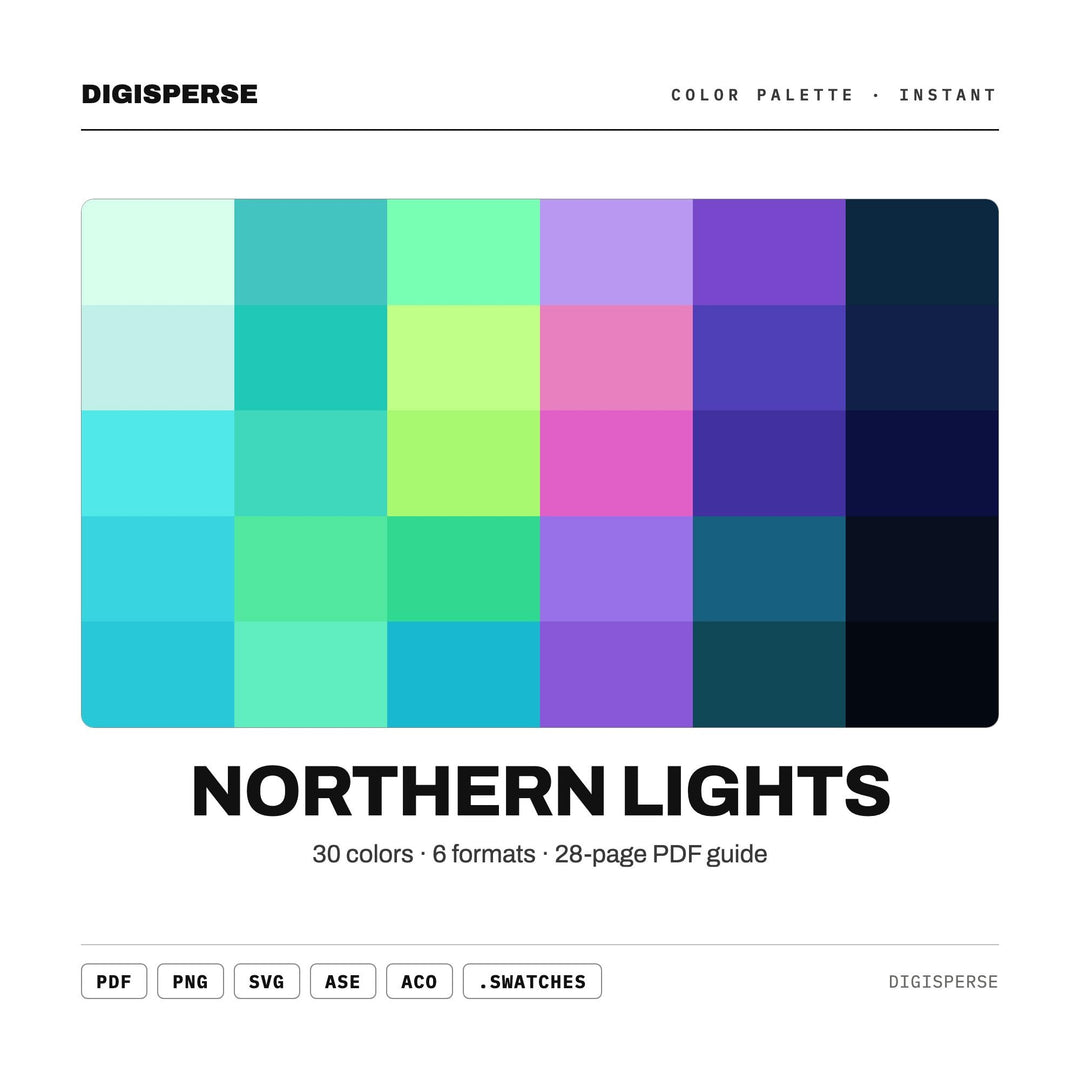 Northern Lights Color Palette | 30 Colors | Hex RGB CMYK | Color Guide | Procreate Swatches + ASE | Digital Download