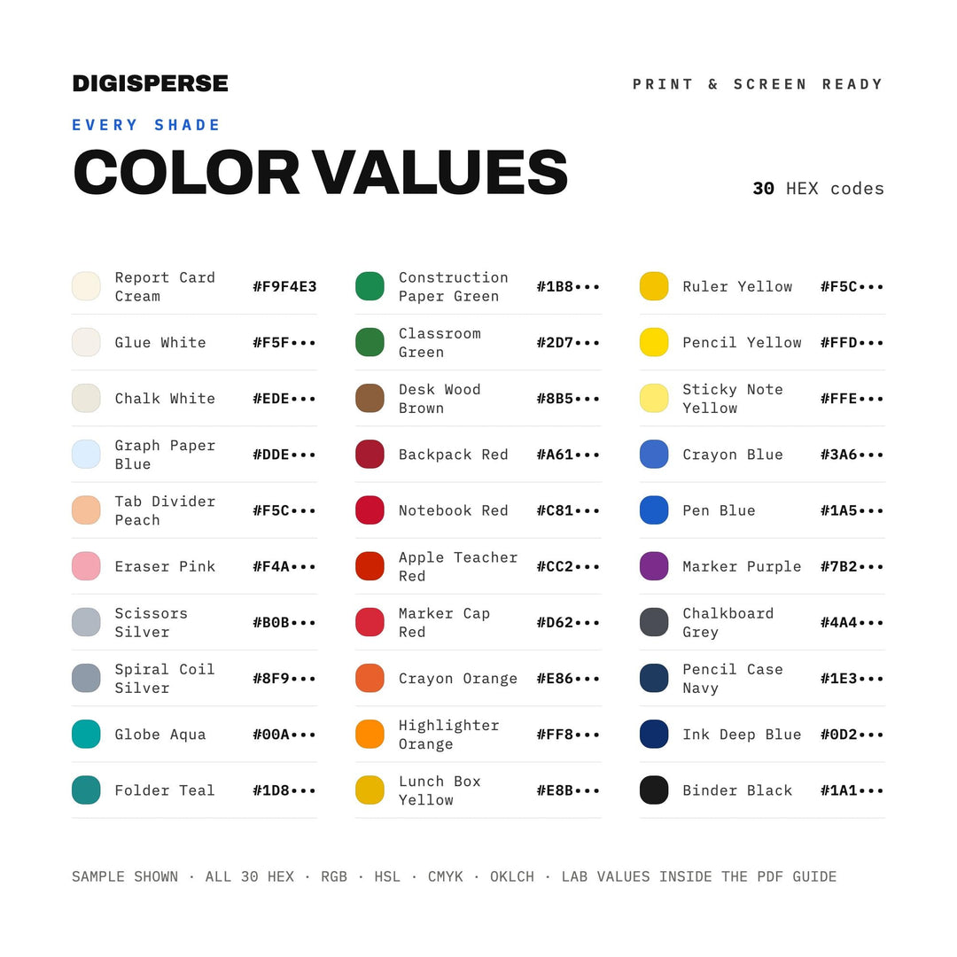 Bright Cheerful Color Palette for School Season Art and Classroom Branding, 30 Primary Crayon Hues, Procreate Swatches