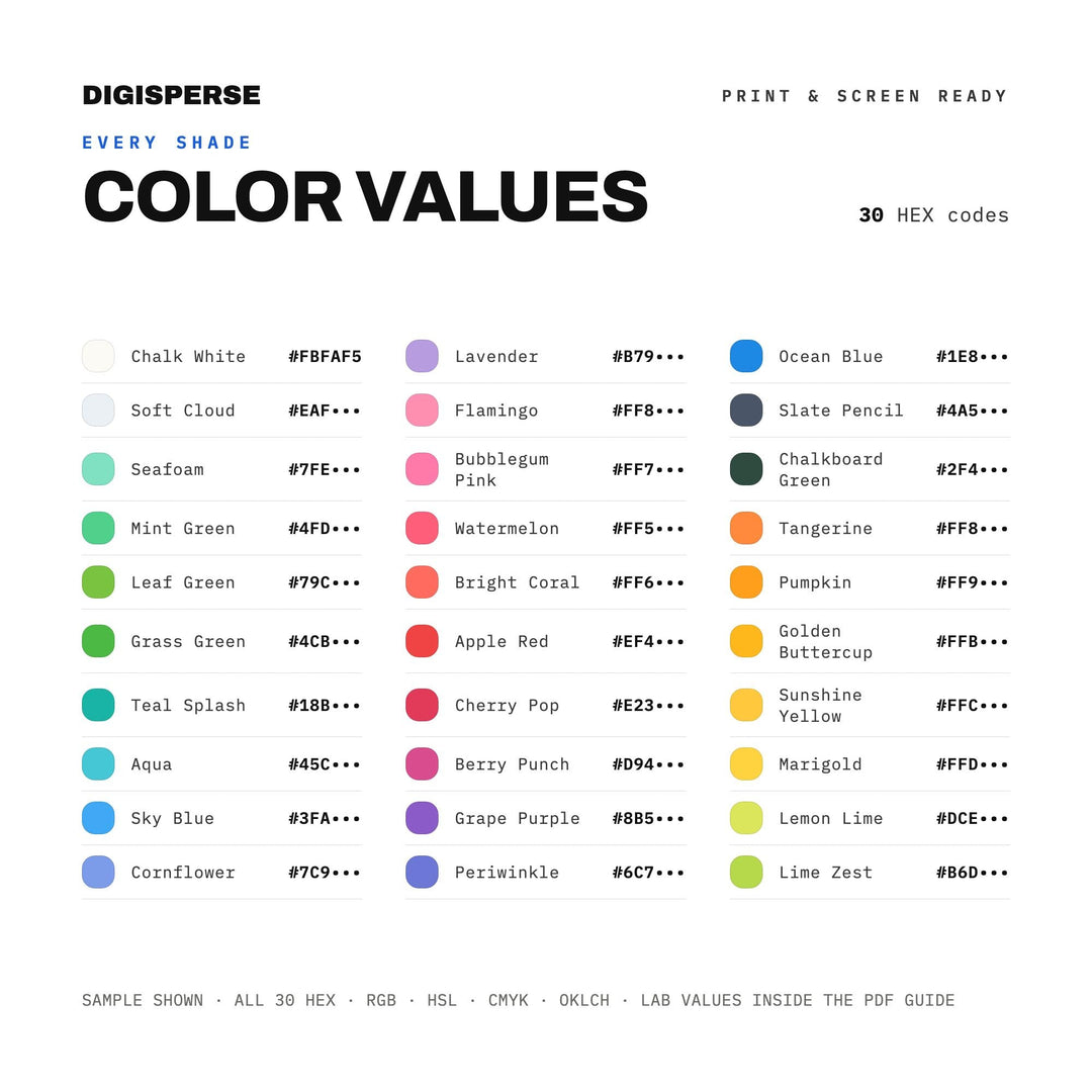 Bright & Cheerful Classroom Color Palette | 30 Colors | Hex RGB CMYK | Color Guide | Procreate Swatches + ASE | Digital Download
