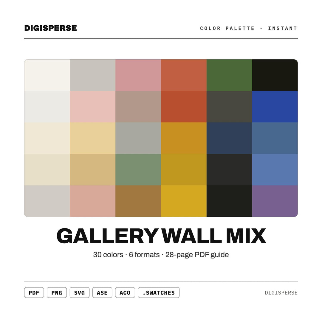 Gallery Wall Mix Color Palette | 30 Colors | Hex RGB CMYK | Procreate Swatches + ASE | Digital Download