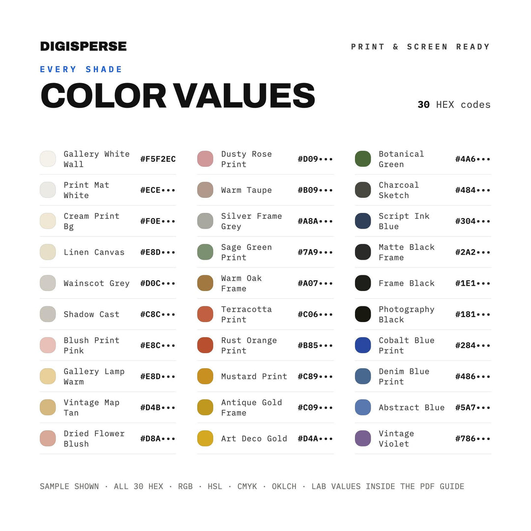 Gallery Wall Mix Color Palette | 30 Colors | Hex RGB CMYK | Procreate Swatches + ASE | Digital Download