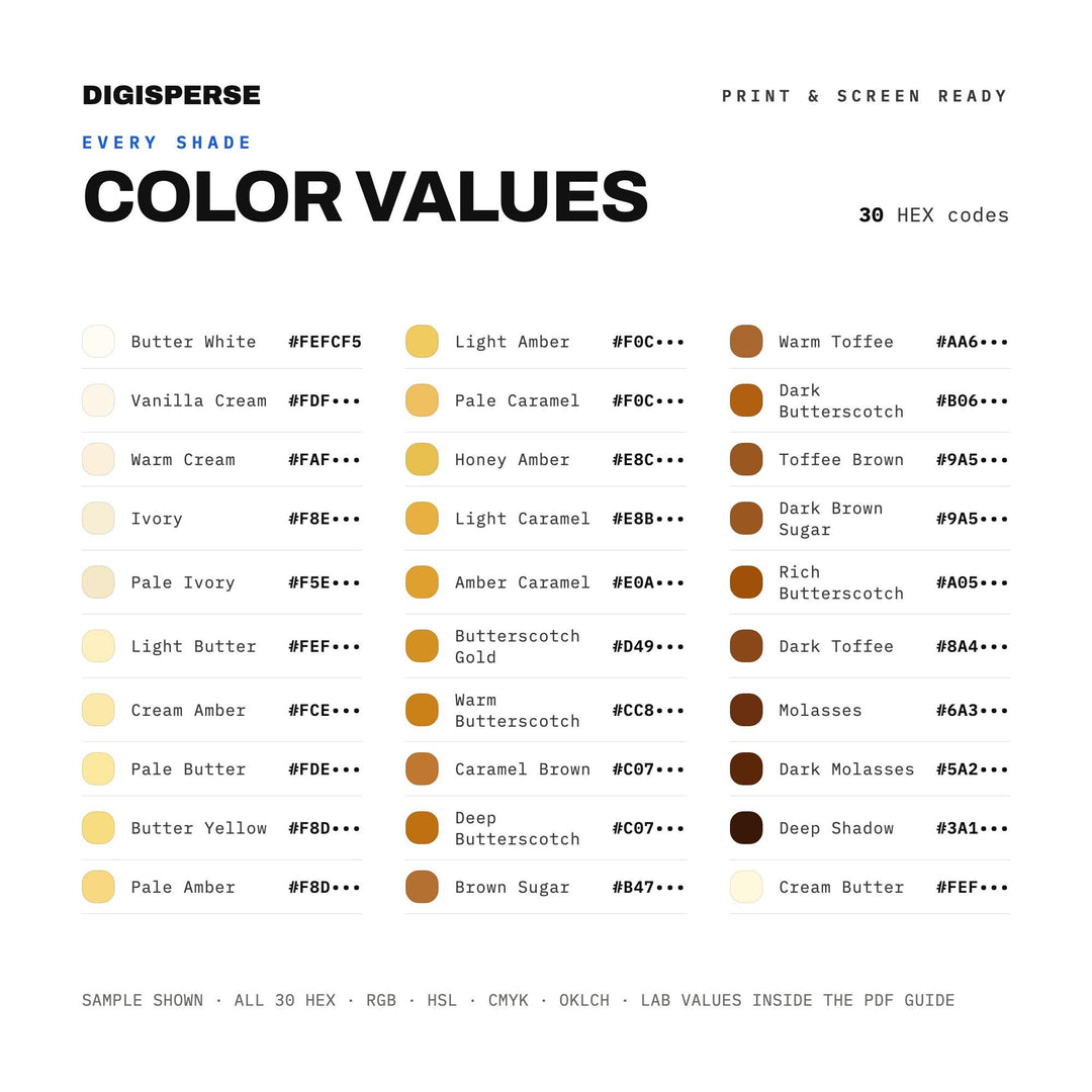 Butterscotch Color Palette | 30 Procreate Swatches (Digital Download - hex, rgb, cmyk, ase)