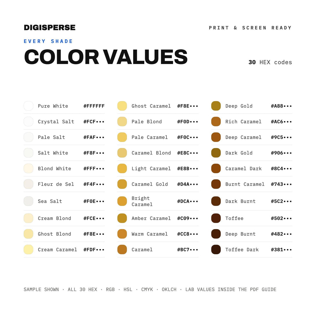 Salted Caramel Color Palette | 30 Colors | Hex RGB CMYK | Color Guide | Procreate Swatches + ASE | Digital Download