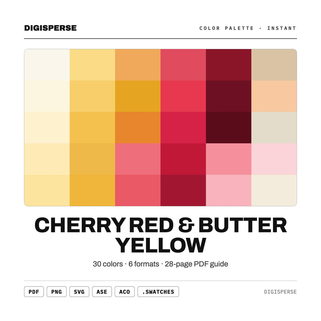Cherry Red & Butter Yellow Color Palette | 30 Colors | Hex RGB CMYK | Color Guide | Procreate Swatches + ASE | Digital Download