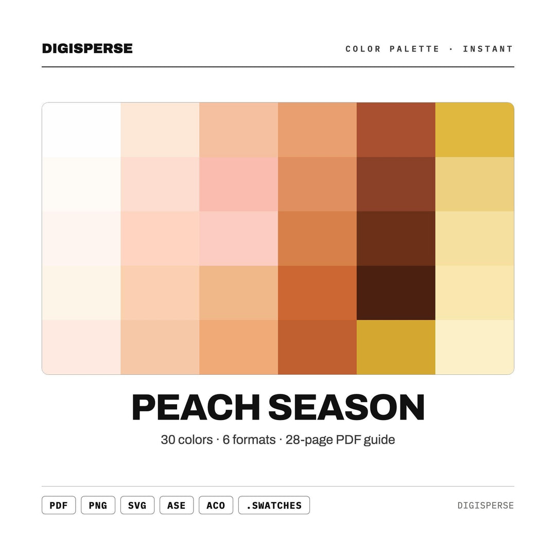 Peach Season Color Palette | 30 Colors | Hex RGB CMYK | Procreate Swatches + ASE | Digital Download