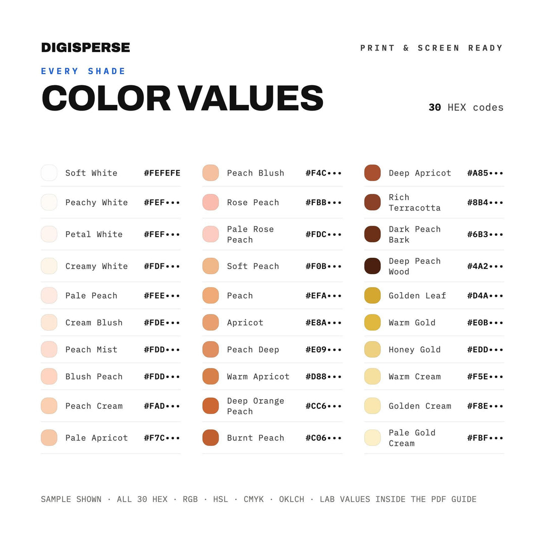 Peach Season Color Palette | 30 Colors | Hex RGB CMYK | Procreate Swatches + ASE | Digital Download