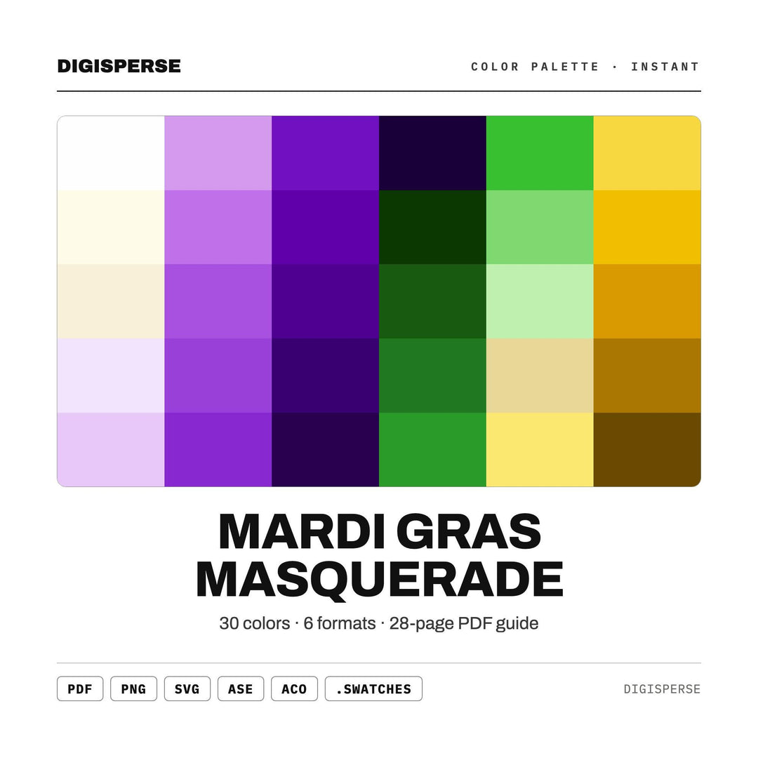 Festive Purple Color Palette for Mardi Gras Party Art and Carnival Branding, 30 Masquerade Gold Hues, Procreate Swatches