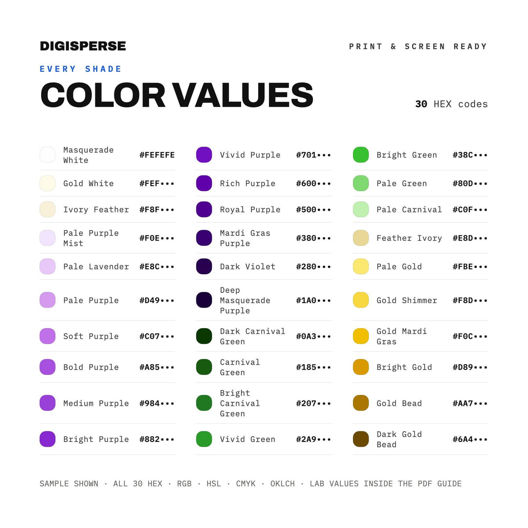 Festive Purple Color Palette for Mardi Gras Party Art and Carnival Branding, 30 Masquerade Gold Hues, Procreate Swatches