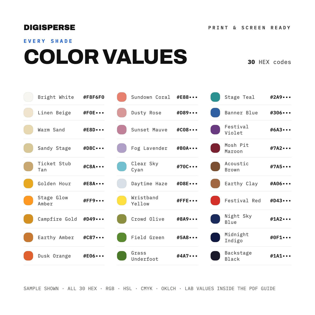 Vibrant Summer Color Palette for Music Festival Art and Boho Branding, 30 Open Air Sunset Hues, Procreate Swatches, Hex Codes