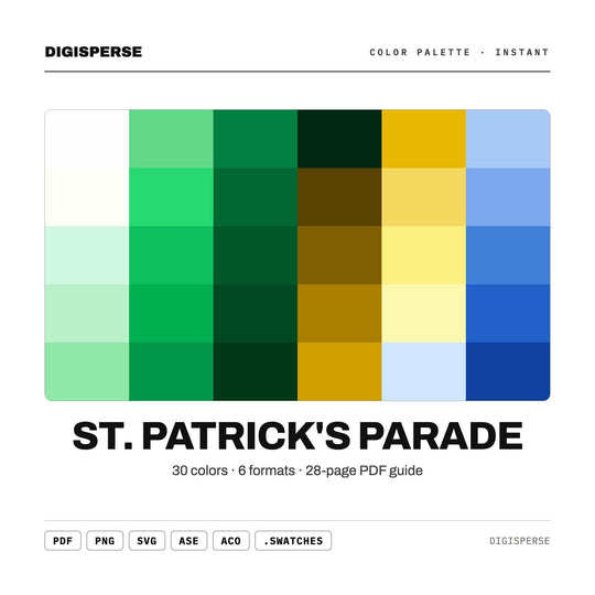 Festive Green Color Palette for St Patricks Day Art and Irish Branding, 30 Shamrock Gold Hues, Procreate Swatches
