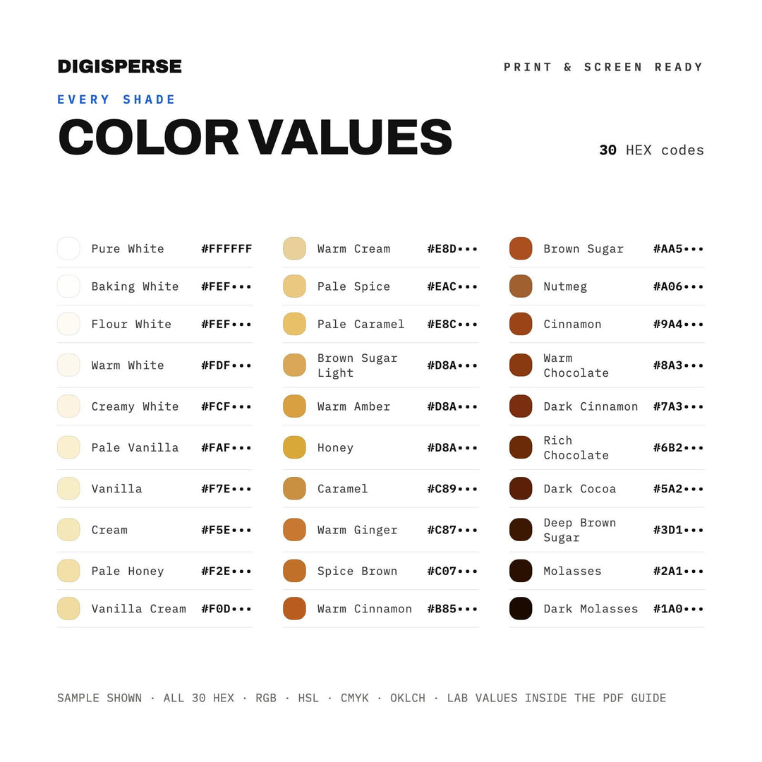 Warm Spiced Color Palette for Autumn Baking Art and Cozy Kitchen Branding, 30 Pumpkin Spice Hues, Procreate Swatches