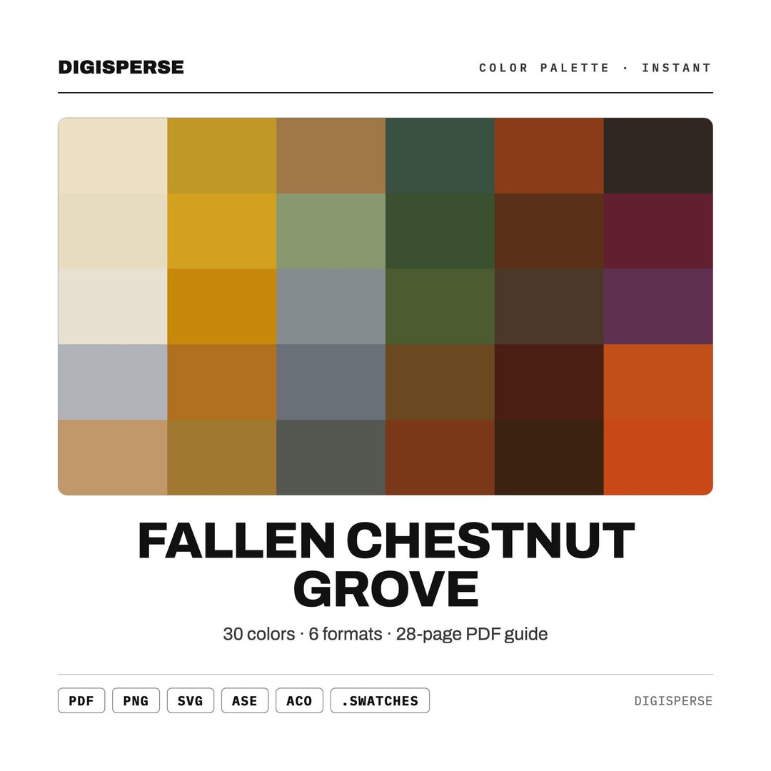 Warm Autumn Color Palette for Woodland Fall Art and Rustic Nature Branding, 30 Chestnut Brown Hues, Procreate Swatches