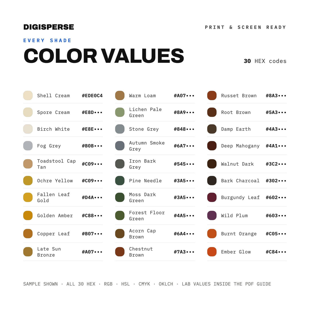 Warm Autumn Color Palette for Woodland Fall Art and Rustic Nature Branding, 30 Chestnut Brown Hues, Procreate Swatches