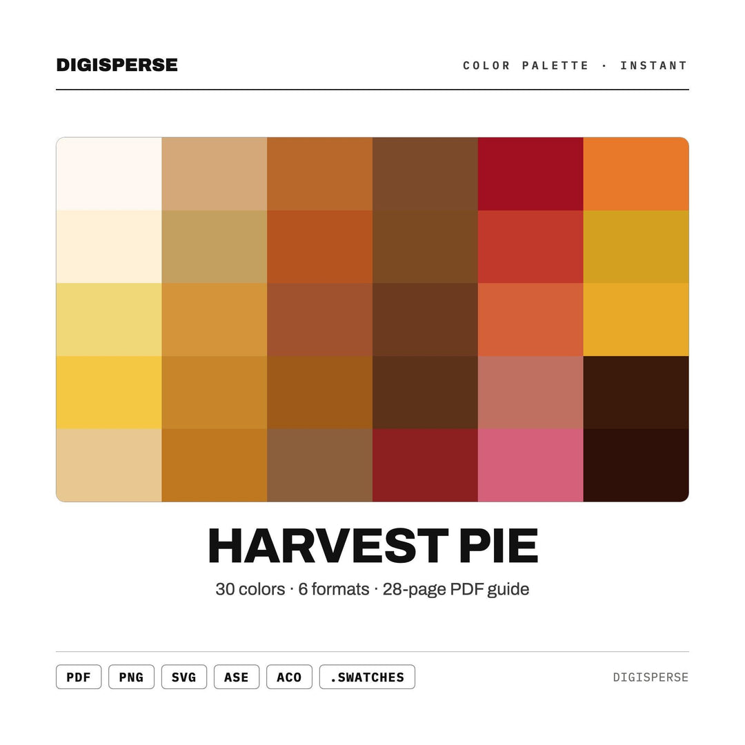 Warm Autumn Color Palette for Thanksgiving Baking Art and Cozy Kitchen Branding, 30 Harvest Pie Hues, Procreate Swatches