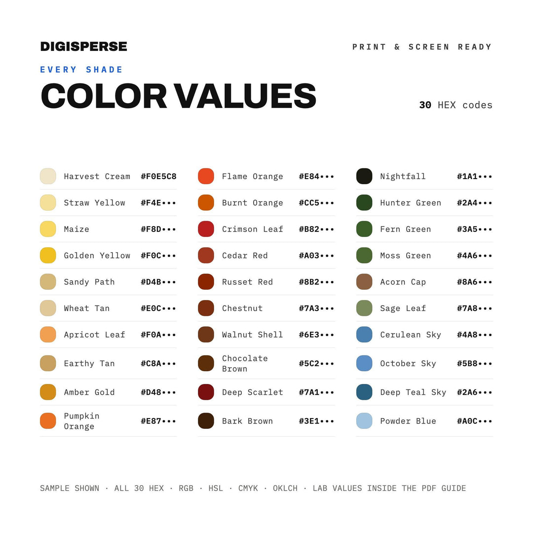 Playful Autumn Color Palette for Fall Foliage Art and Cozy Seasonal Branding, 30 Leaf Pile Amber Hues, Procreate Swatches