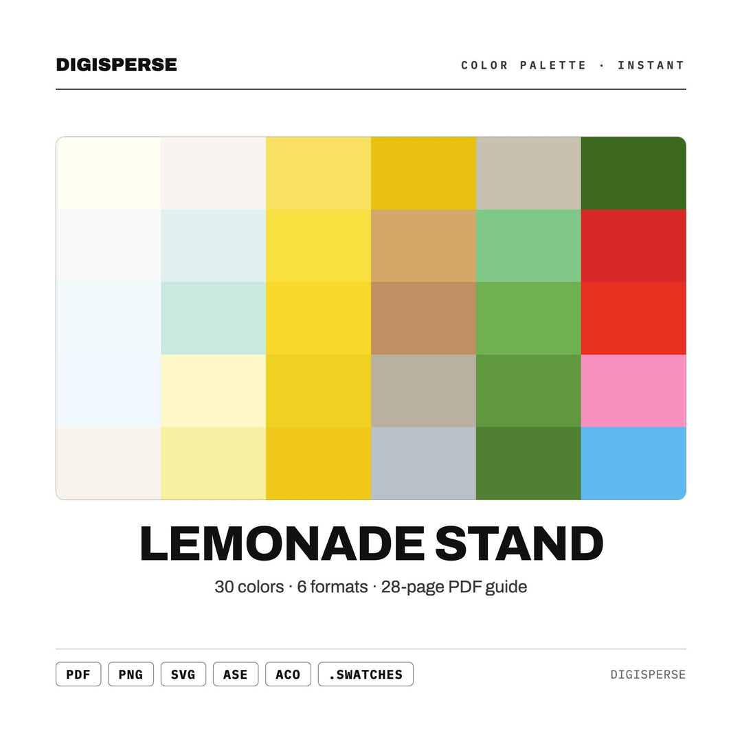 Lemonade Stand Color Palette | 30 Colors | Hex RGB CMYK | Procreate Swatches + ASE | Digital Download